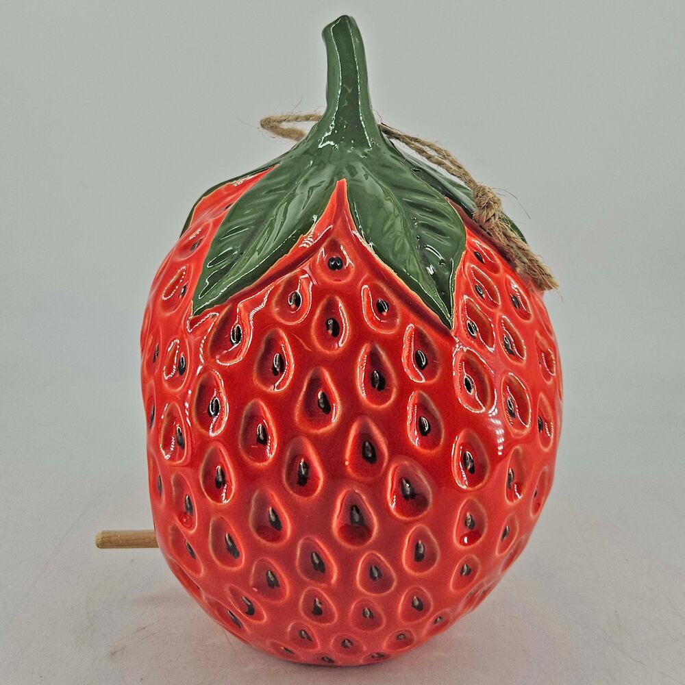 Red glazed strawberry ceramic bird house feeder birdhouse - Picture 2 of 4